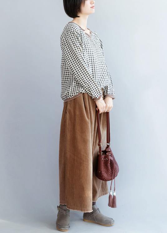 Italian black small plaid cotton linen tops women wild Midi v neck blouse - SooLinen