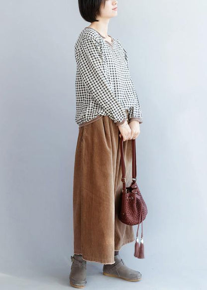 Italian black small plaid cotton linen tops women wild Midi v neck blouse - SooLinen