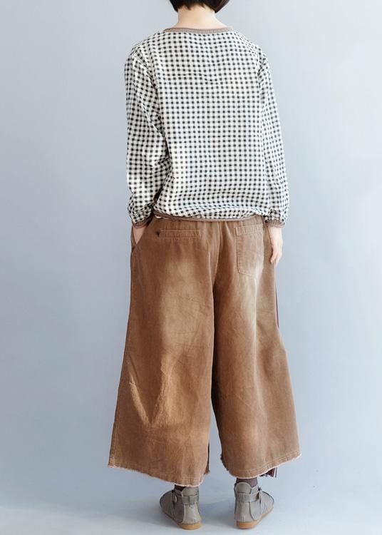 Italian black small plaid cotton linen tops women wild Midi v neck blouse - SooLinen