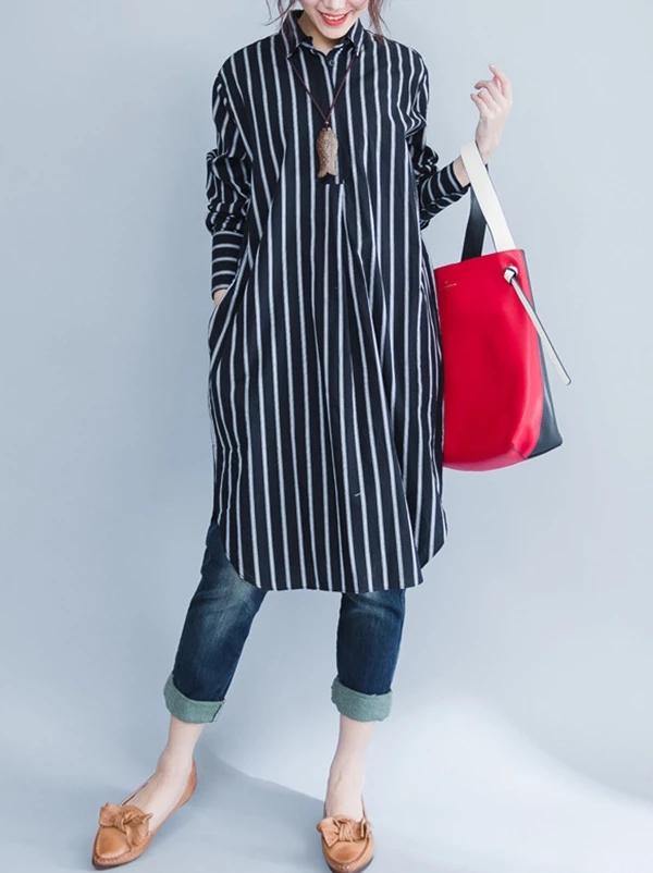 Italian black striped Cotton clothes lapel oversized shirt Dres - SooLinen
