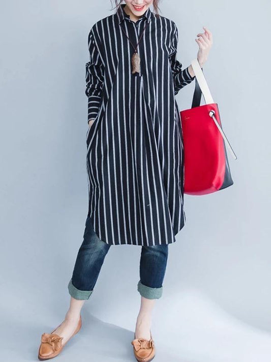 Italian black striped Cotton clothes lapel oversized shirt Dres - SooLinen