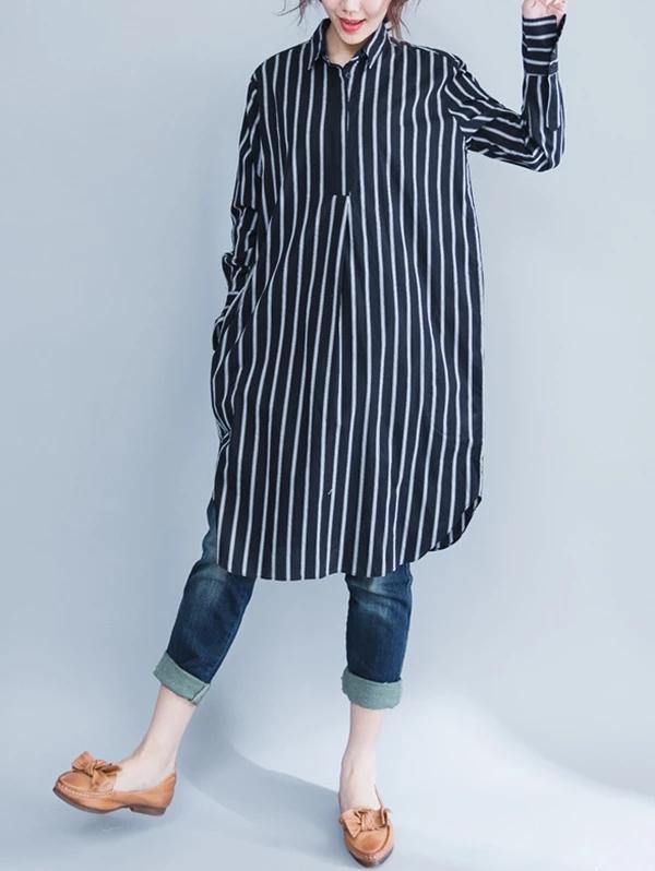 Italian black striped Cotton clothes lapel oversized shirt Dres - SooLinen
