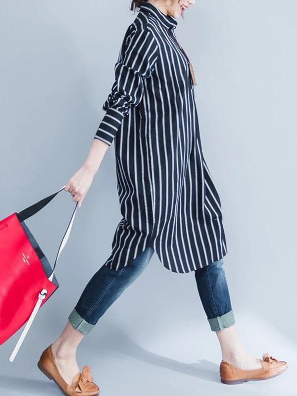 Italian black striped Cotton clothes lapel oversized shirt Dres - SooLinen