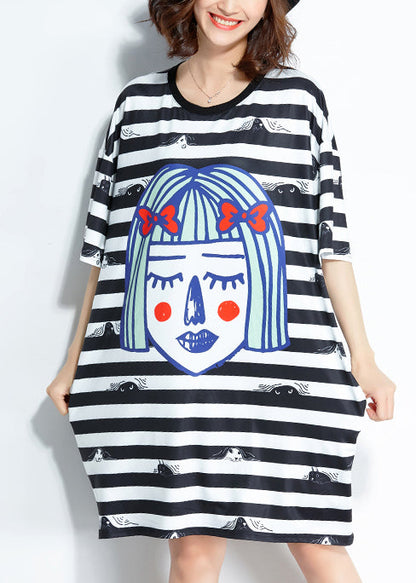Italienische schwarz-weiß gestreifte Seidenmischung Kleidung Bio-Outfits O-Ausschnitt Baggy kurzes Sommerkleid