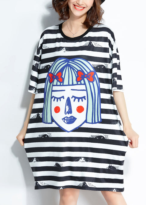 Italienische schwarz-weiß gestreifte Seidenmischung Kleidung Bio-Outfits O-Ausschnitt Baggy kurzes Sommerkleid
