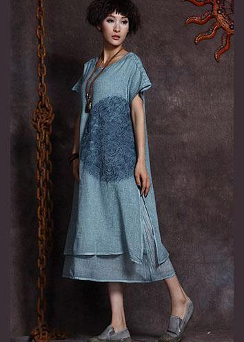 Italian blue embroidery linen Robes layered Love summer Dress - SooLinen
