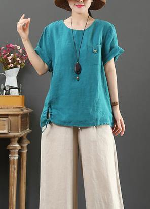 Italian blue linen clothes For Women o neck pockets Plus Size Clothing summer tops - SooLinen