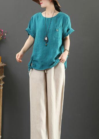 Italian blue linen clothes For Women o neck pockets Plus Size Clothing summer tops - SooLinen