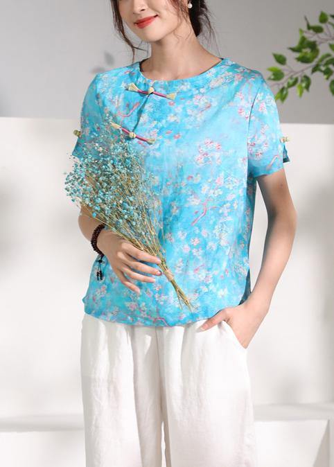 Italian blue linen clothes o neck tunic short sleeve shirt - SooLinen