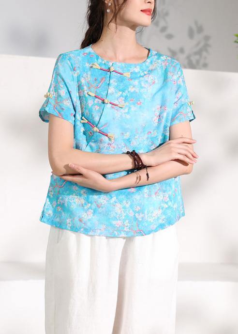 Italian blue linen clothes o neck tunic short sleeve shirt - SooLinen