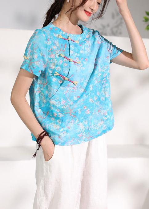 Italian blue linen clothes o neck tunic short sleeve shirt - SooLinen