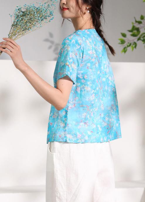 Italian blue linen clothes o neck tunic short sleeve shirt - SooLinen