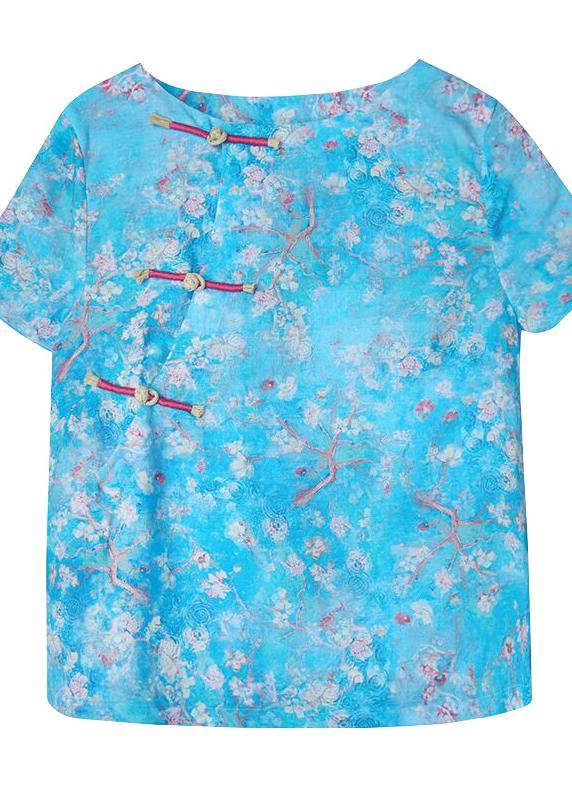 Italian blue linen clothes o neck tunic short sleeve shirt - SooLinen