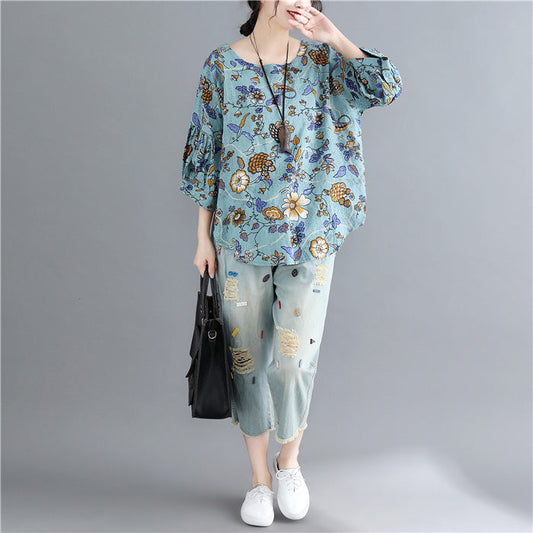 Italienische Kranich-Oberteile aus Leinen mit blauem Aufdruck Omychic Shape O-Ausschnitt-Oberteile für den Alltag