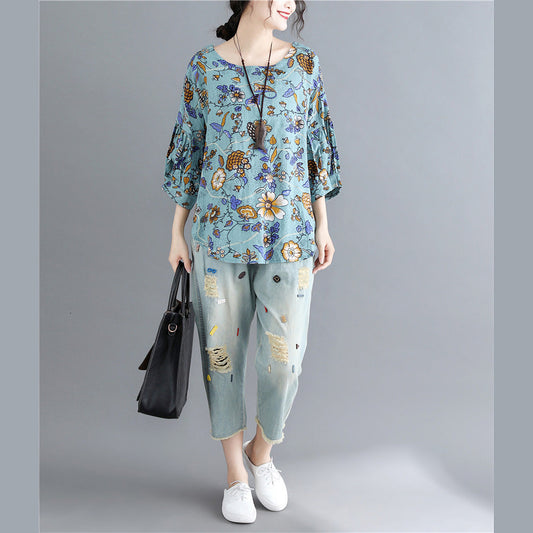 Italienische Kranich-Oberteile aus Leinen mit blauem Aufdruck Omychic Shape O-Ausschnitt-Oberteile für den Alltag