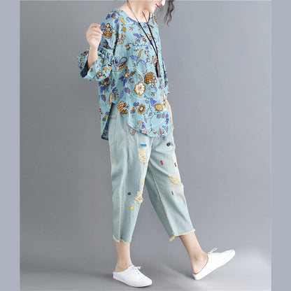 Italian blue print linen crane tops Omychic Shape o neck daily tops