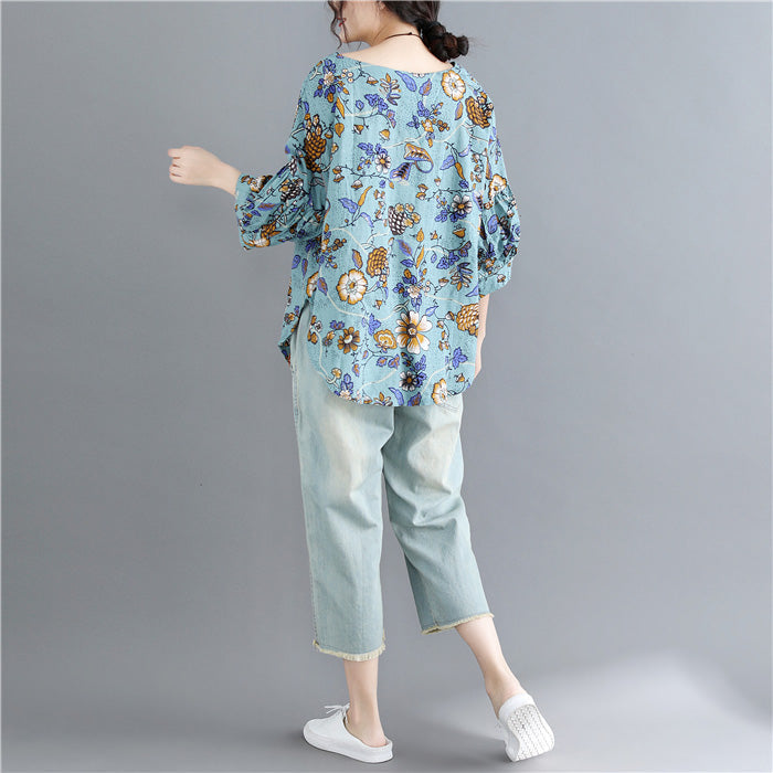 Italian blue print linen crane tops Omychic Shape o neck daily tops