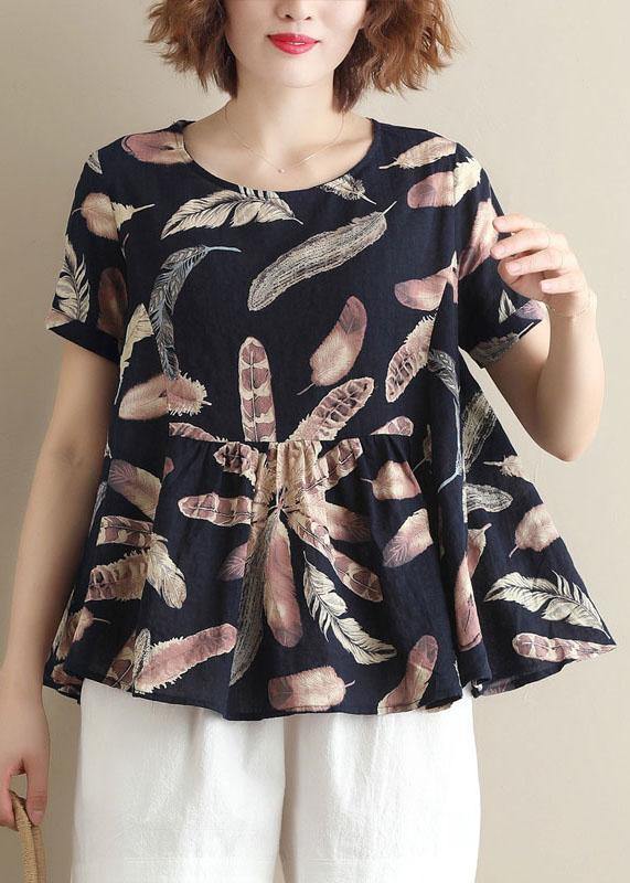 Italian blue prints cotton Tunic o neck cotton summer shirt - SooLinen