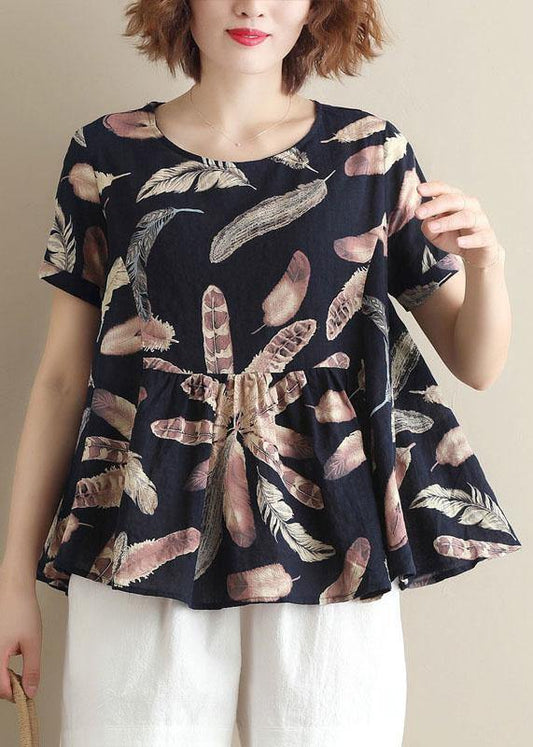 Italian blue prints cotton Tunic o neck cotton summer shirt - SooLinen