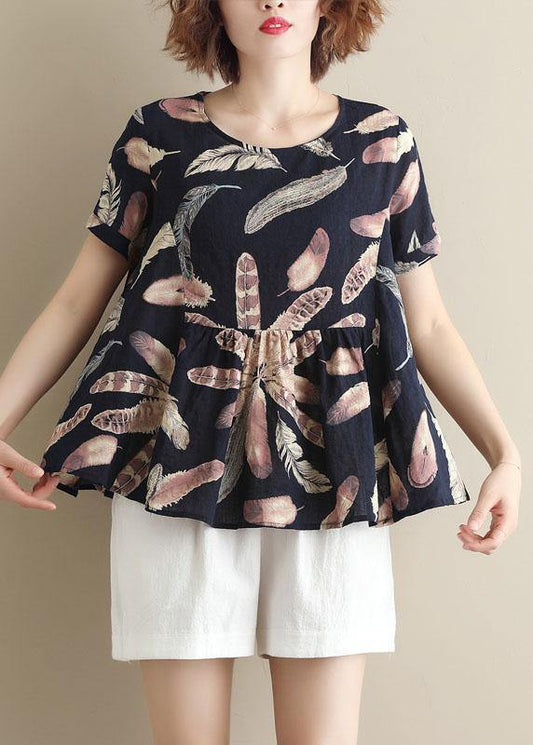 Italian blue prints cotton Tunic o neck cotton summer shirt - SooLinen