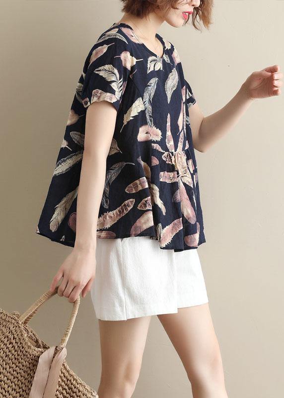 Italian blue prints cotton Tunic o neck cotton summer shirt - SooLinen