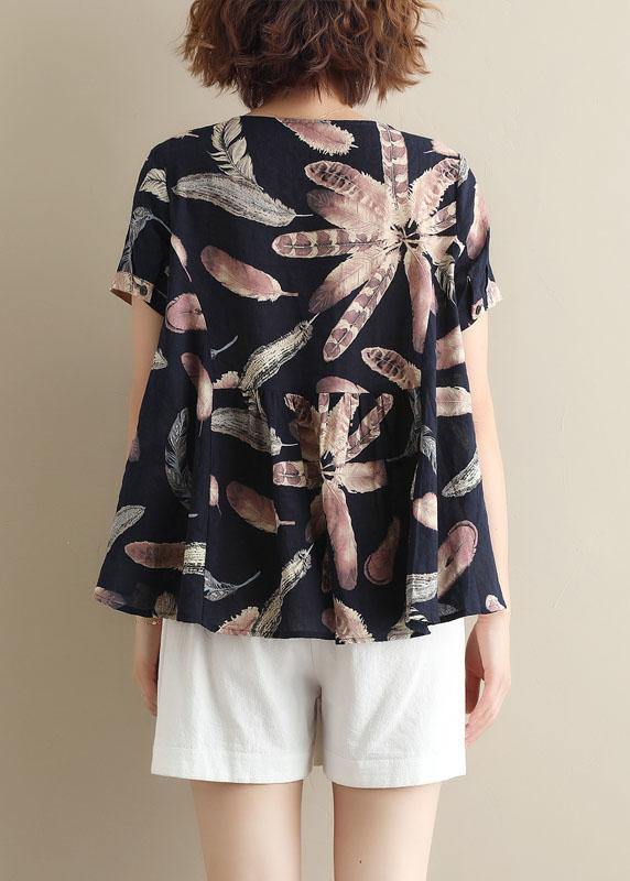 Italian blue prints cotton Tunic o neck cotton summer shirt - SooLinen