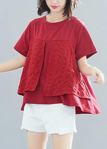 Italian burgundy cotton clothes For Women Fitted Sewing o neck patchwork Art Summer tops - SooLinen