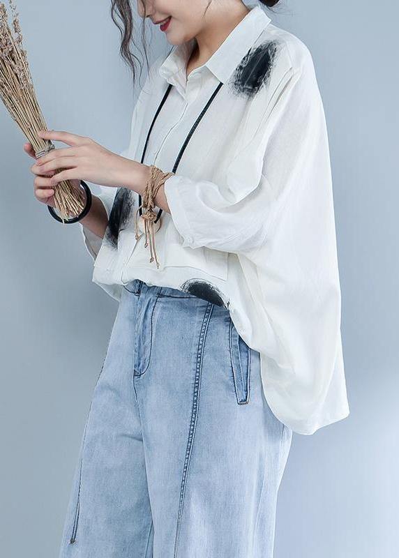 Italian cotton linen Blouse plus size Casual Polo Collar Short Sleeve Spliced Blouse - SooLinen