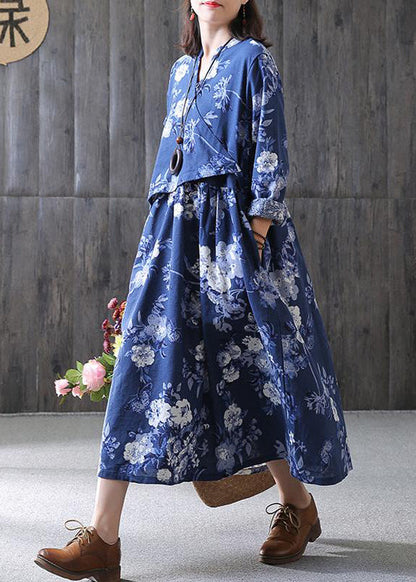 Italienisches Baumwoll-Tunikakleid, modisches, florales, ethnisches, lockeres Kleid mit V-Ausschnitt in Übergröße