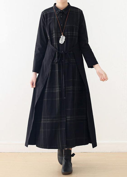 Italian drawstring cotton quilting clothes Shirts black plaid A Line Dresses false two pieces - SooLinen