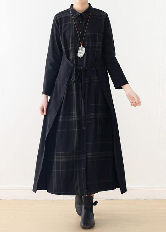 Italian drawstring cotton quilting clothes Shirts black plaid A Line Dresses false two pieces - SooLinen