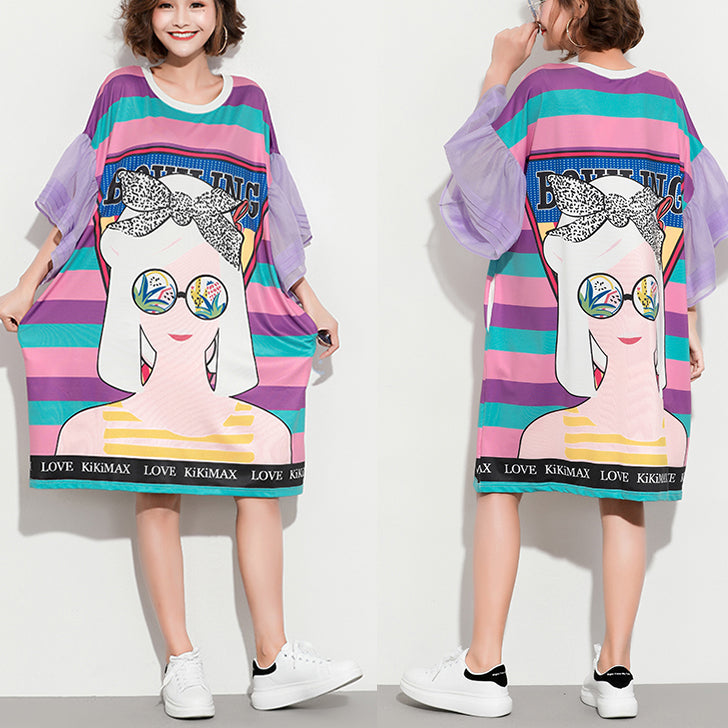 Italienische Flare-Ärmel-Baumwollkleidung für Frauen Bio-Outfits lila gestreifte Baggy-Kleider Sommer