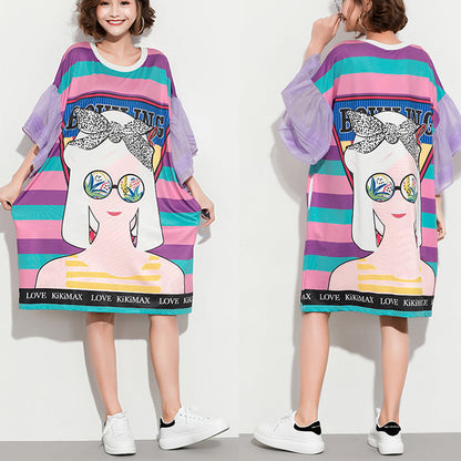 Italienische Flare-Ärmel-Baumwollkleidung für Frauen Bio-Outfits lila gestreifte Baggy-Kleider Sommer