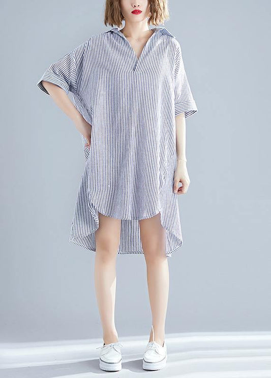 Italian gray striped linen dress Vintage Photography lapel asymmetric Midi Summer Dresses - SooLinen