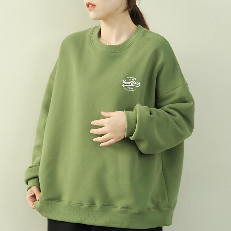 Italian green Letter tops women Outfits o neck thick shirt - SooLinen