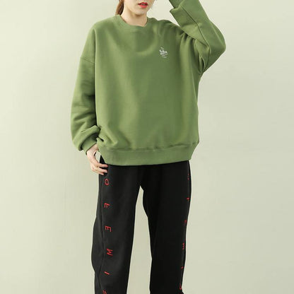 Italian green Letter tops women Outfits o neck thick shirt - SooLinen