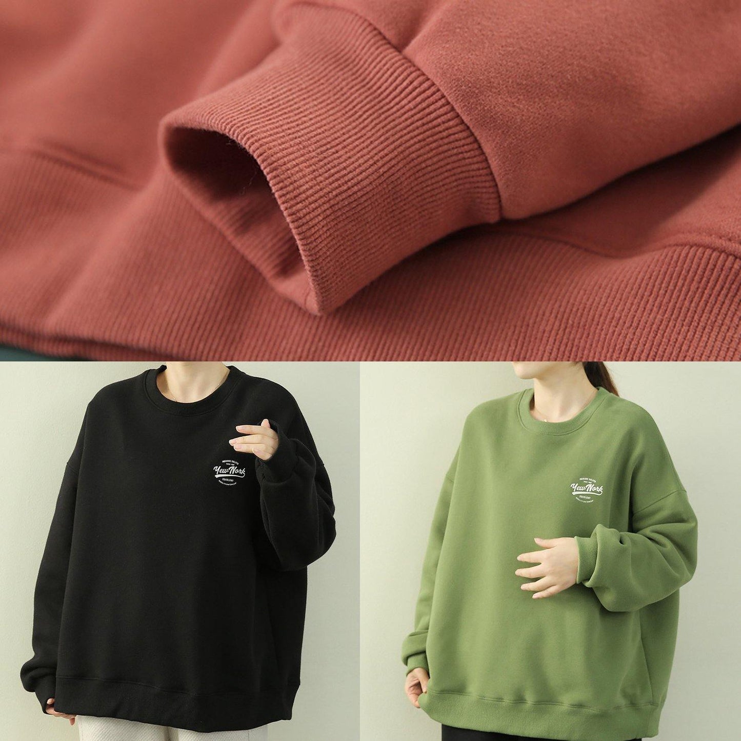 Italian green Letter tops women Outfits o neck thick shirt - SooLinen