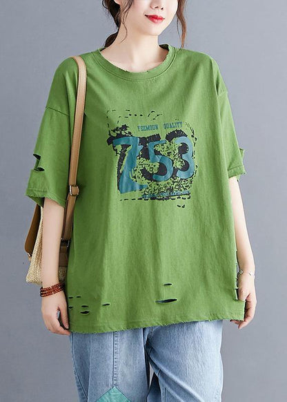 Italian green o neck cotton clothes For Women Hole Art summer top - SooLinen