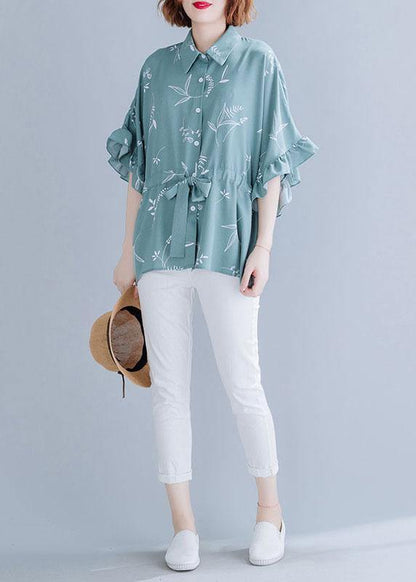 Italian green prints blended clothes For Women drawstring loose summer top - SooLinen