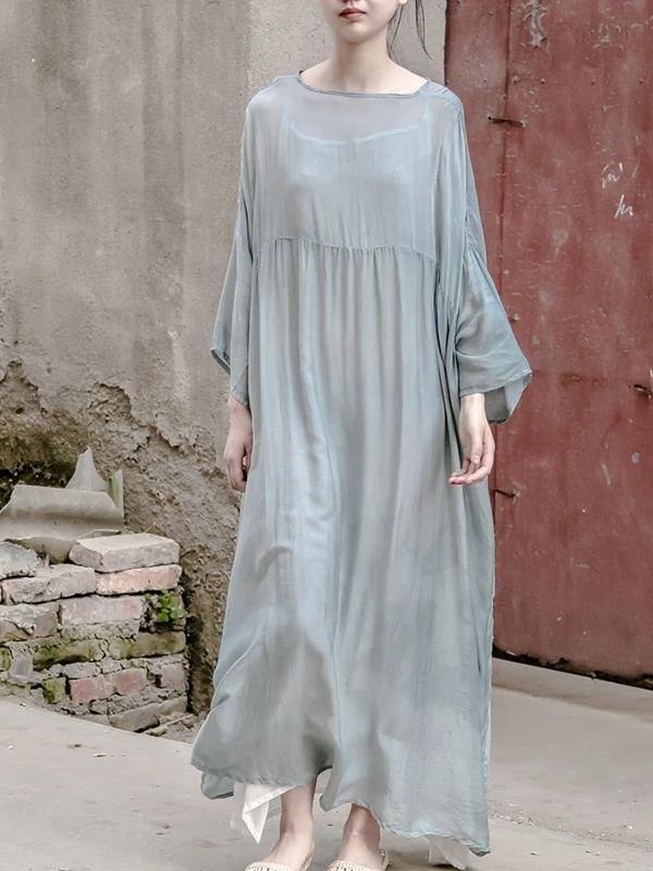 Italian green quilting dresses o neck large hem Traveling Dresses - SooLinen