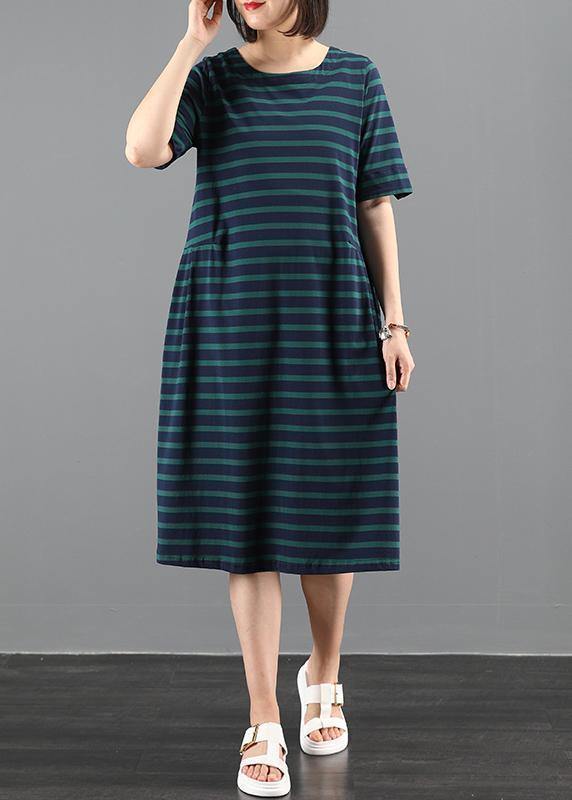 Italian green striped outfit o neck Cinched A Line summer Dresses - SooLinen
