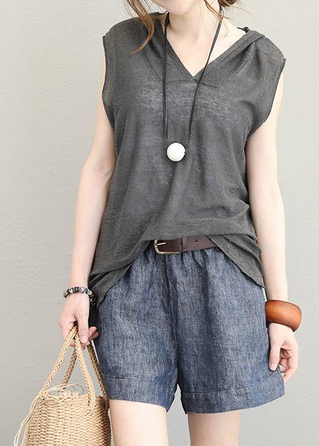 Italian hooded cotton shirts women design dark gray shirts summer - SooLinen
