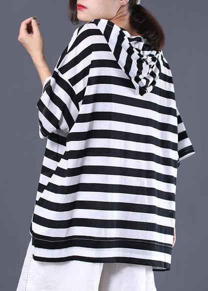 Italian hooded cotton top silhouette Outfits black white striped shirt summer - SooLinen
