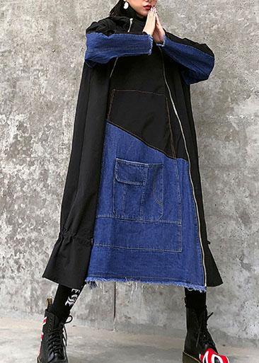 Italian hooded zippered cotton drawstring quilting clothes Runway black A Line Dress - SooLinen