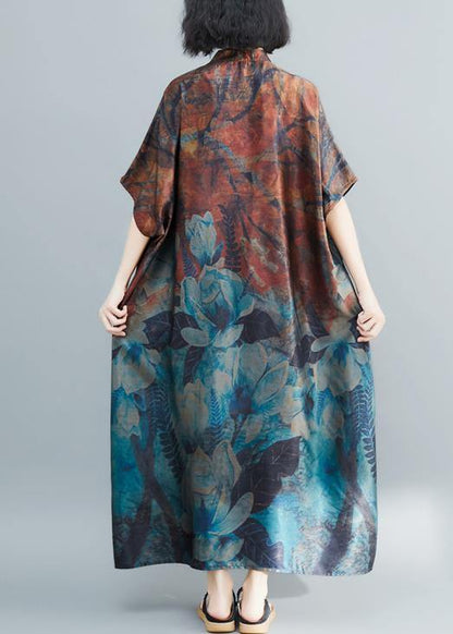 Italian khaki print Tunic stand collar long summer Dresses - SooLinen