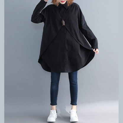 Italienische Revers asymmetrische Baumwolle Kranich Tops schwarze Midi Bluse