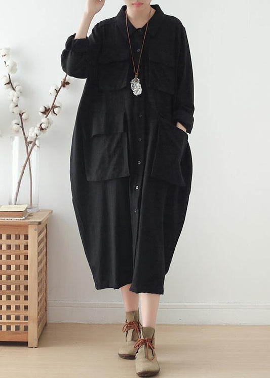 Italian lapel pockets Plus Size clothes For Women black Knee women coats fall - SooLinen