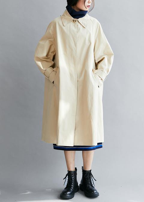 Italian lapel pockets Plus Size fall coat for woman beige short outwear - SooLinen