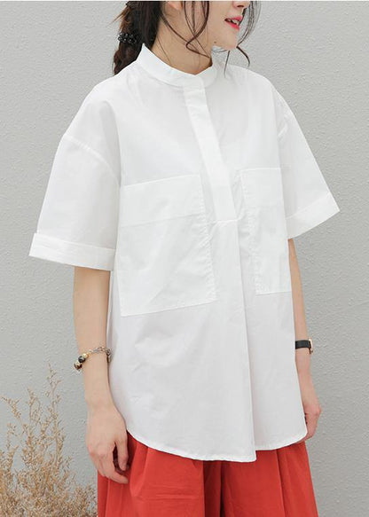 Italian lapel pockets cotton Tunic Outfits white shirt - SooLinen