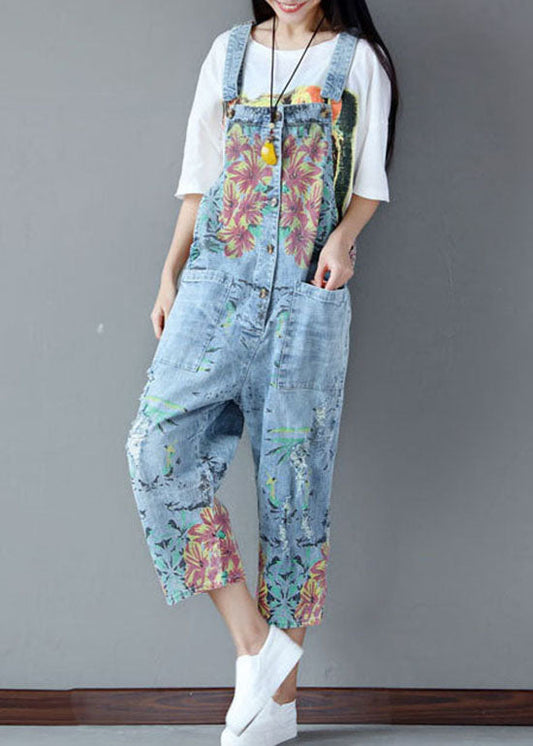 Italienische hellblaue Taschen Print zerrissene Jeans Jumpsuits Sommer